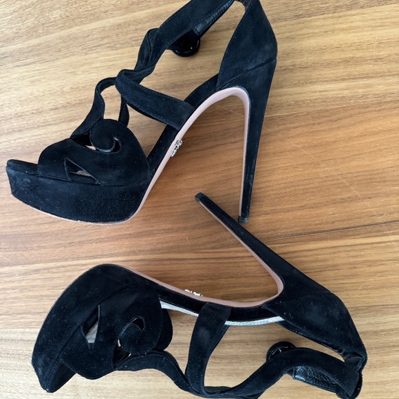 Prada - Black Suede - Braided Heel - Size 36.5 - Platform Ankle Strap Pump - Picture 1 of 13